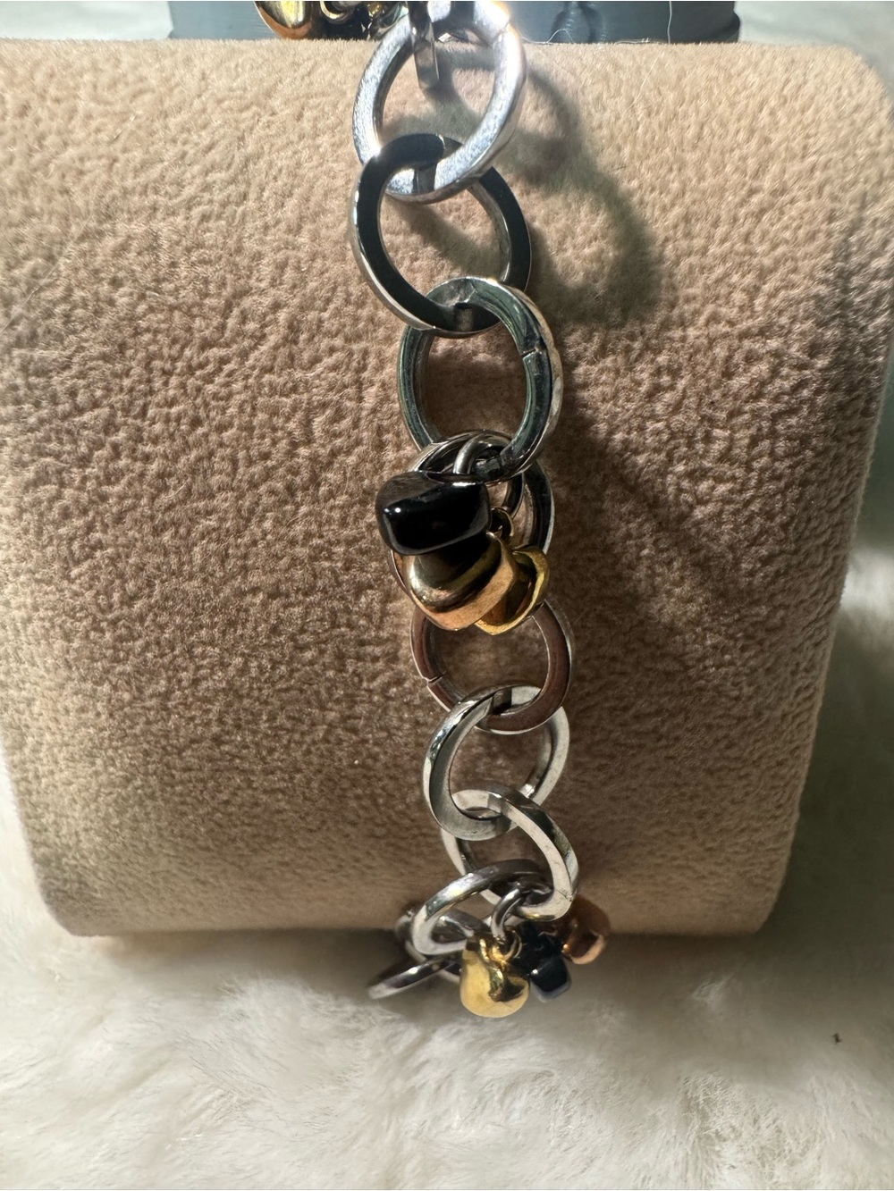 Silver & Gold Link Bracelet with Black Accents - Women Jewelry 3 tone heart ❤️